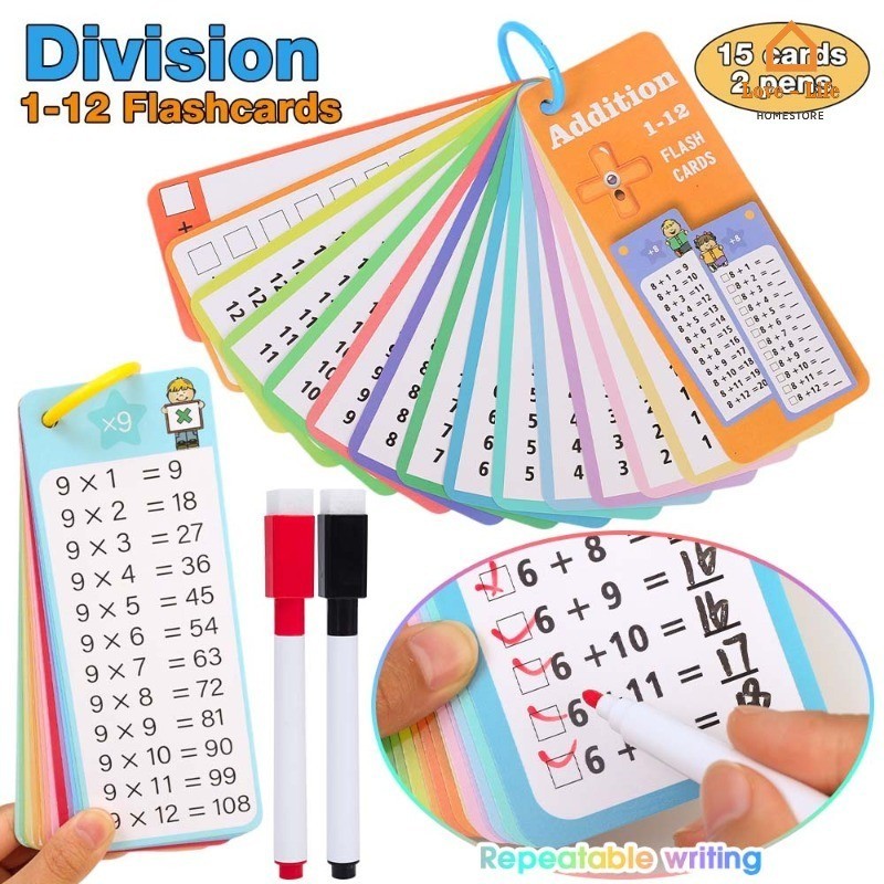 15 Cards Math Multiplication Cards With Erasable Pens - 1-12 Addition ...