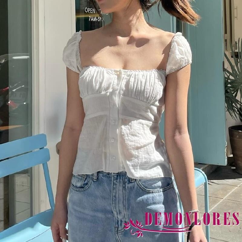Demonlores-Women Summer Button Down Cap Sleeve Square Neck Ruched Bust ...