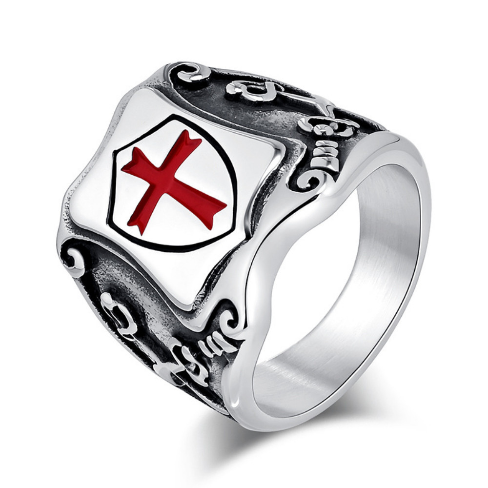 Stainless Steel Knight of Cross Crusaders Red Enamel Ring for Men Size ...