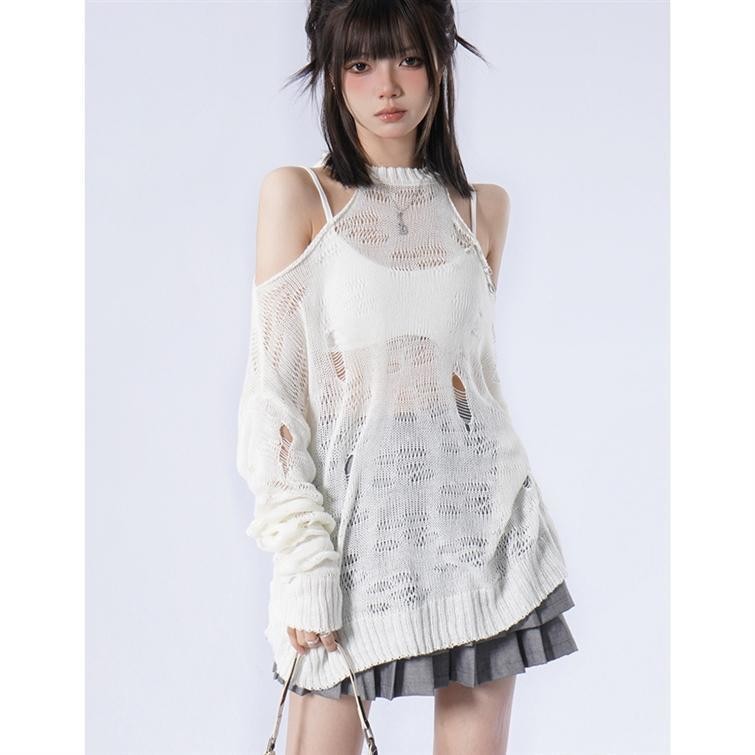 Y2k Halter Neck Style Strapless Ripped Thin Sweater Summer Girl ...