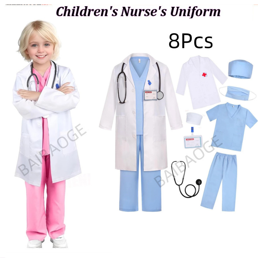 Doctor Career Costume for Kids Girls Pink Blue White Gown Nurse Uniform ...