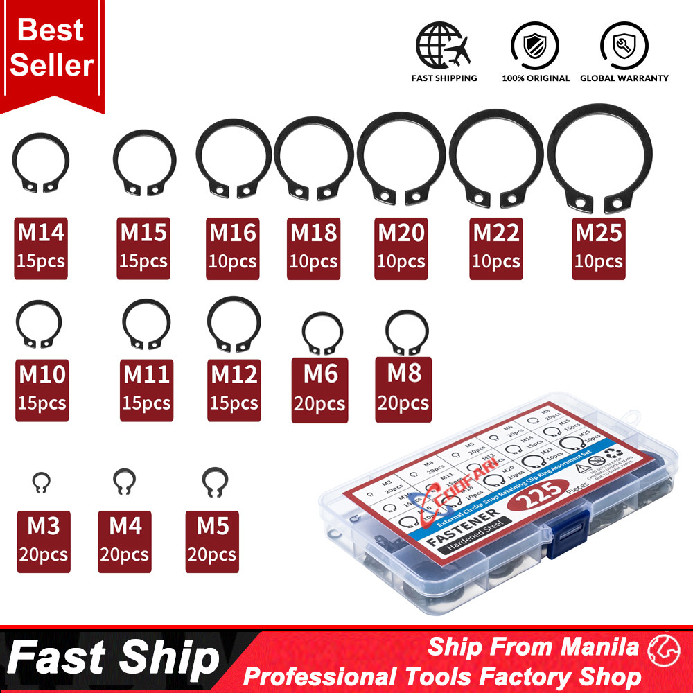 225PCS Snap Ring Assortment – 15 Sizes External Circlip Retaining Clip ...