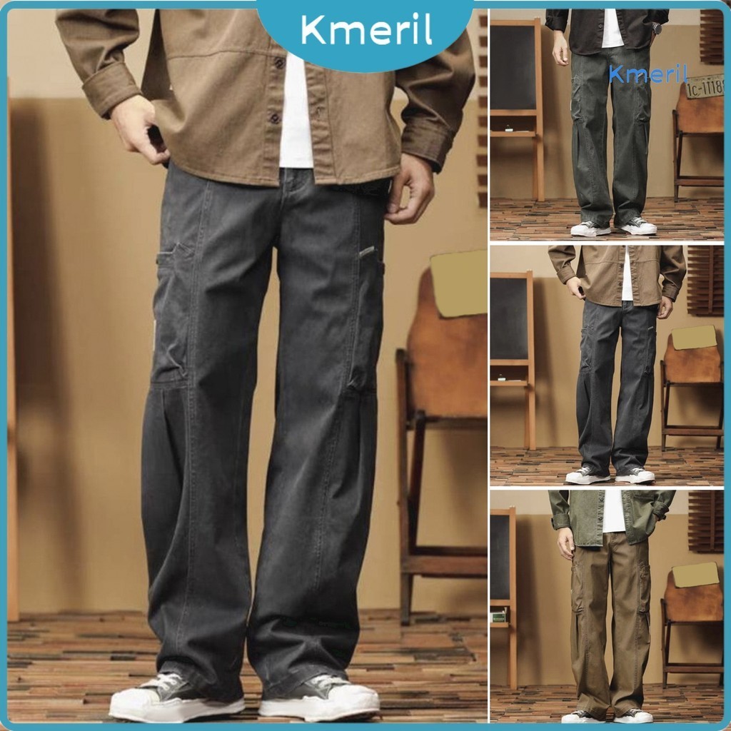 [kmeril] Men Cargo Pants Multi Pockets Button Zipper Closure Retro Soft ...