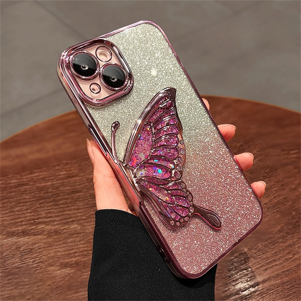 Gradient Glitter Butterfly Phone Case for IPhone 15 Pro Max 11 12 13 14 Pro  Max Soft Silicone Casing Luxury Plating Shockproof Cover