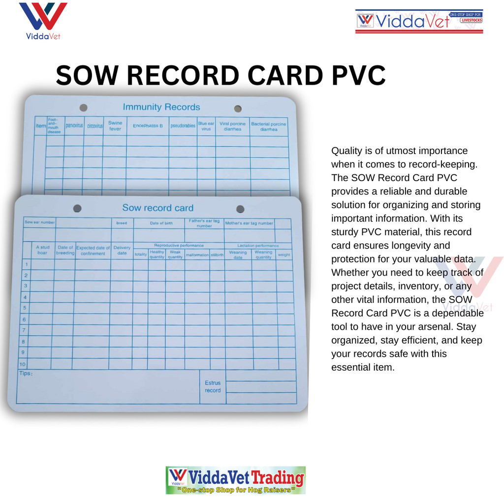 SOW RECORD CARD PVC PIGGERY RECORD KEEPING for animals livestock ...