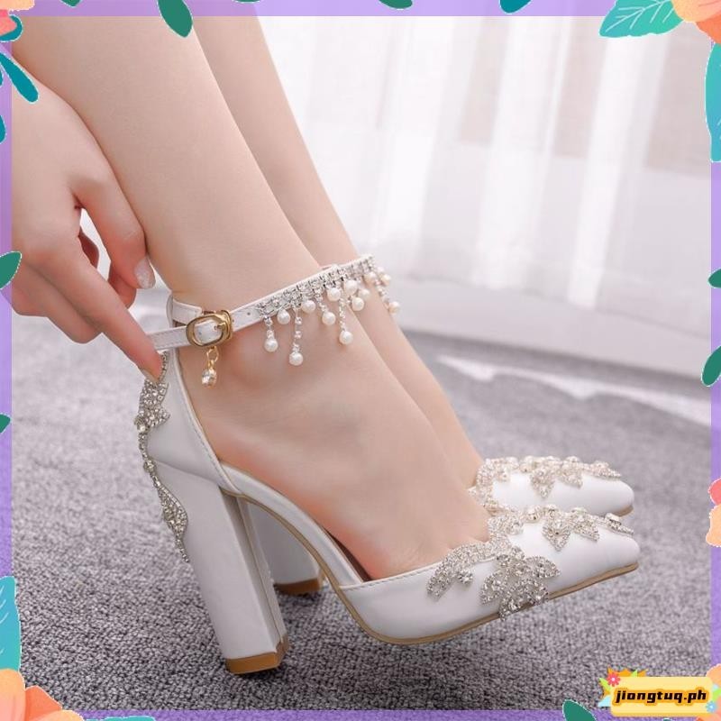 Queen · 10cm White Wedding Shoes High Heel Bridal Flat Strap Rhinestone ...