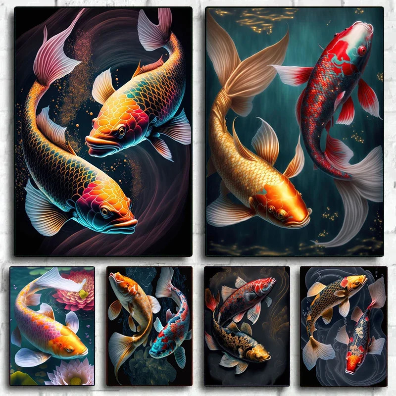 Vintage Japanese Koi Fish Canvas Painting Wall Art Gold Red Fish Poster ...