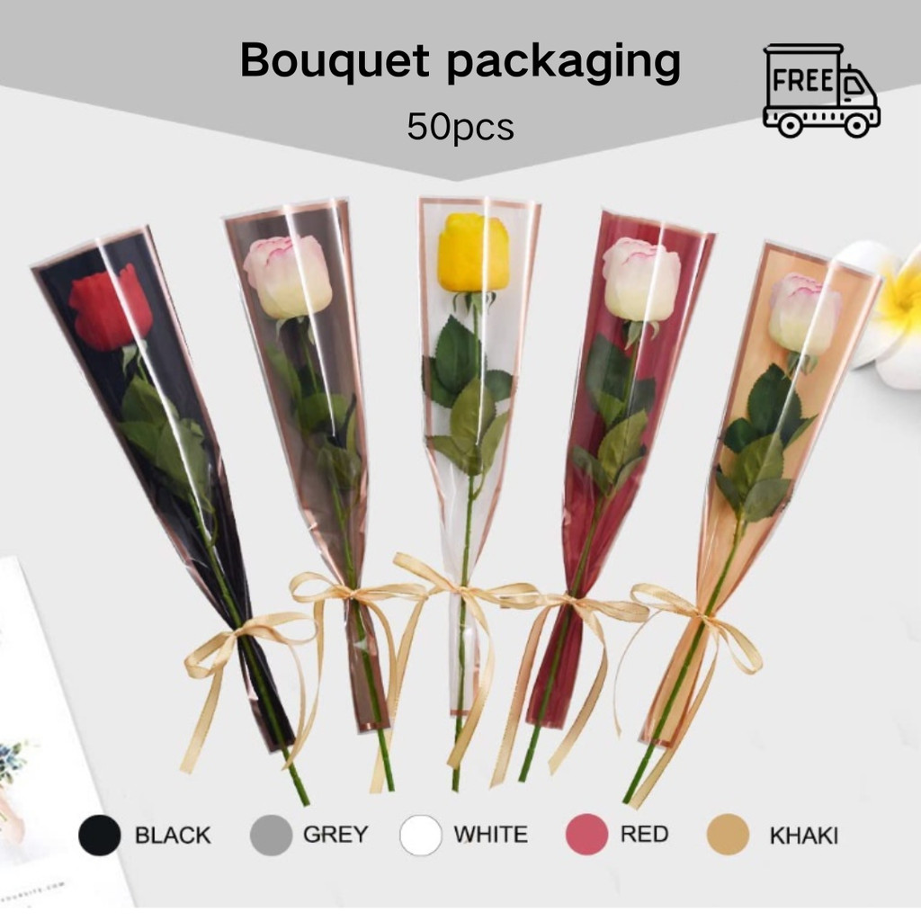 50PCS Single Rose Flower Packaging Bouquet Wrapping Bags Transparent ...