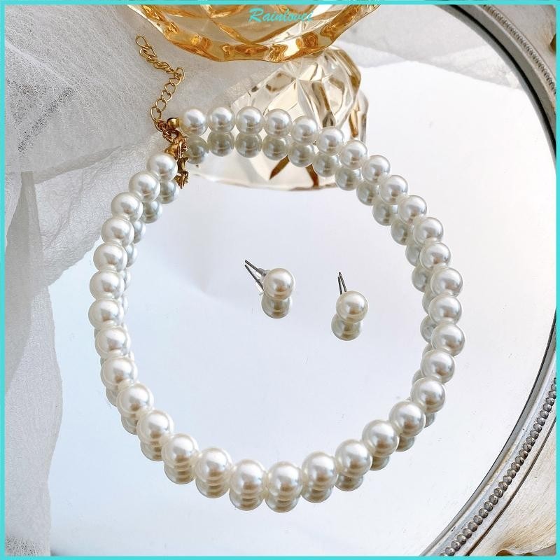 Rainlovei Glass Pearl Necklace and Earring Set Women s Imitation Pearl  Jewelry Set with Pendant Chain Temperament Trendy