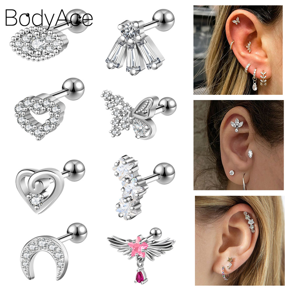 Bodyace 1 Pc 16G/20G Crystal Earring Cartilage Stud Earring Flat Ear ...