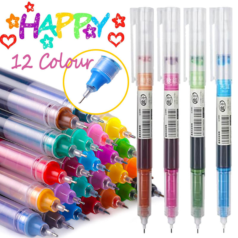 12 Colour High Capacity Straight Liquid Gel Pen - Quick Dry, Smooth ...