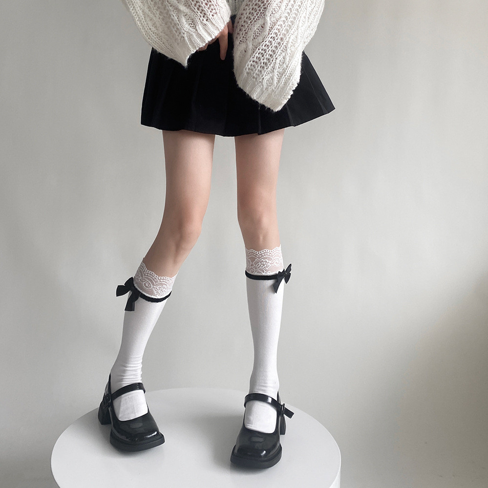 Japanese jk Bowknot Cotton Lace Stitching White Calf Socks Half Pile