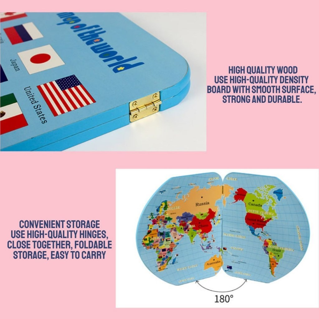 BYJ Wooden Map of the World National Flags Educational Montessori Toy ...