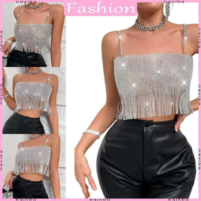 NAV Women Sparkly Rhinestones Tassels Mesh Crop Top Backless Nightclub ...