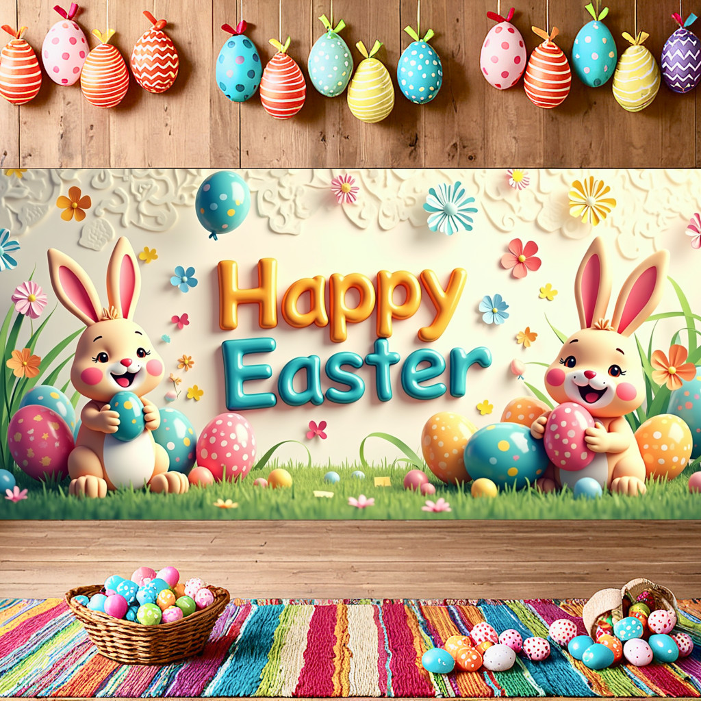 Easter Bunny Backdrop Banner Flower Eggs Decorations Spring Festival ...