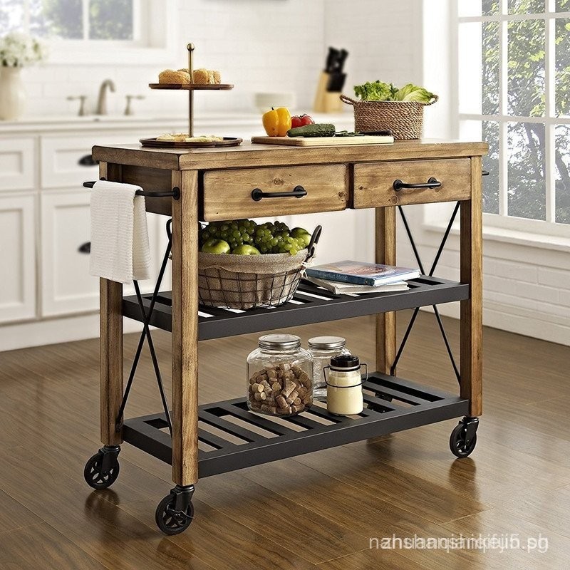 American Style Solid Wood Movable Island Table Iron Art Sideboard ...