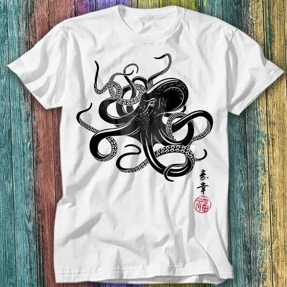 Octopus Japanese Calligraphy Gyotaku Anime Manga Black White T Shirt ...