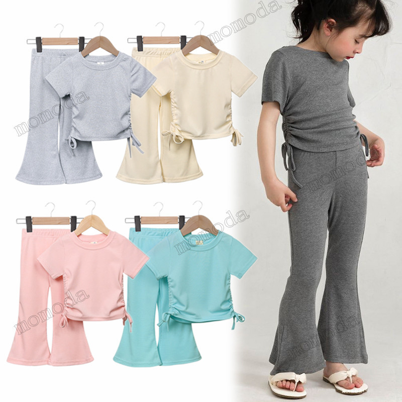 2Pcs Sets Summer Terno for Kid Girl Year Old Fashion  Clothes for Kids Girls Ootd Outfit Solid Thread T-shirt Tops Flared Pants  Set