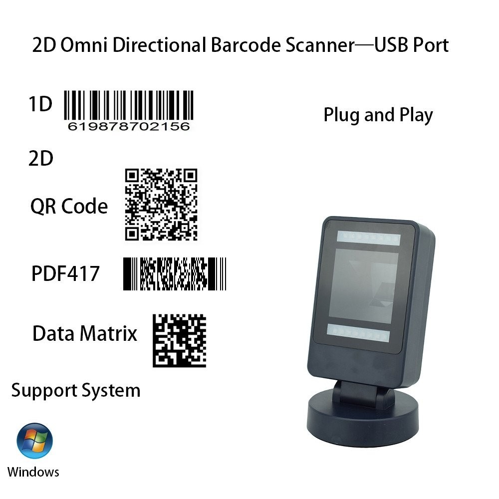 Desktop USB Port Wired 1D 2D Omni Directional Barcode Scanner, QR Code ...