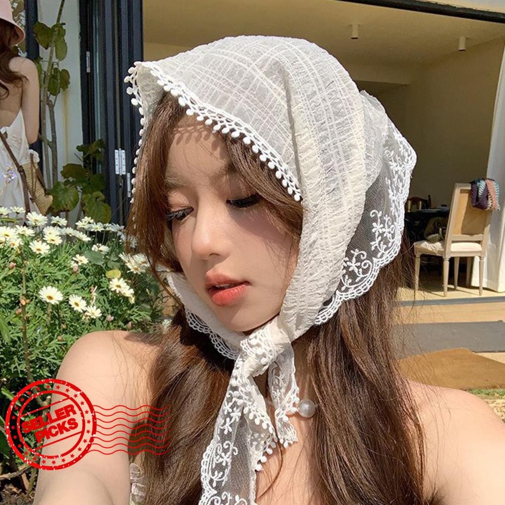 French Pastoral Style Triangle Headscarf Lace Floral Hair Package Scarf ...