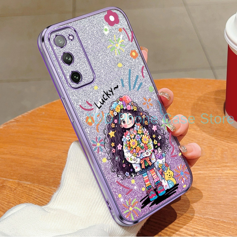 Casing Samsung Galaxy S20 FE S20 Plus S20 Ultra Case Cute LUCKY Girl  Transparent Soft Silicone Glitter Phone Case Anti-Drop Protection Cover