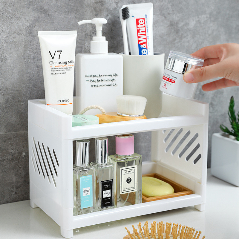2 Layers Folding Desktop Storage Rack Bathroom Plastic Storage Rack ...