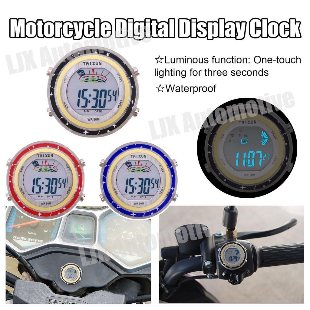 Motorcycle Watch Waterproof Handlebar Clock with Glowing Dial StickOn