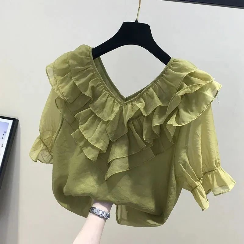 High-Grade Collar Ruffled Short Sleeves Chiffon Blouse Women's Top ...