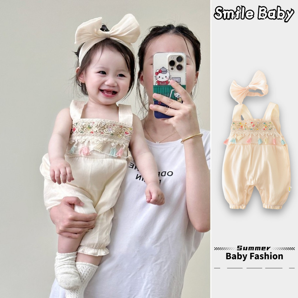 Summer Baby Girl Sleeveless Ethnic Style Woven Suspenders Romper Headband  0-24 Months Super Cute Princess Style Onesie