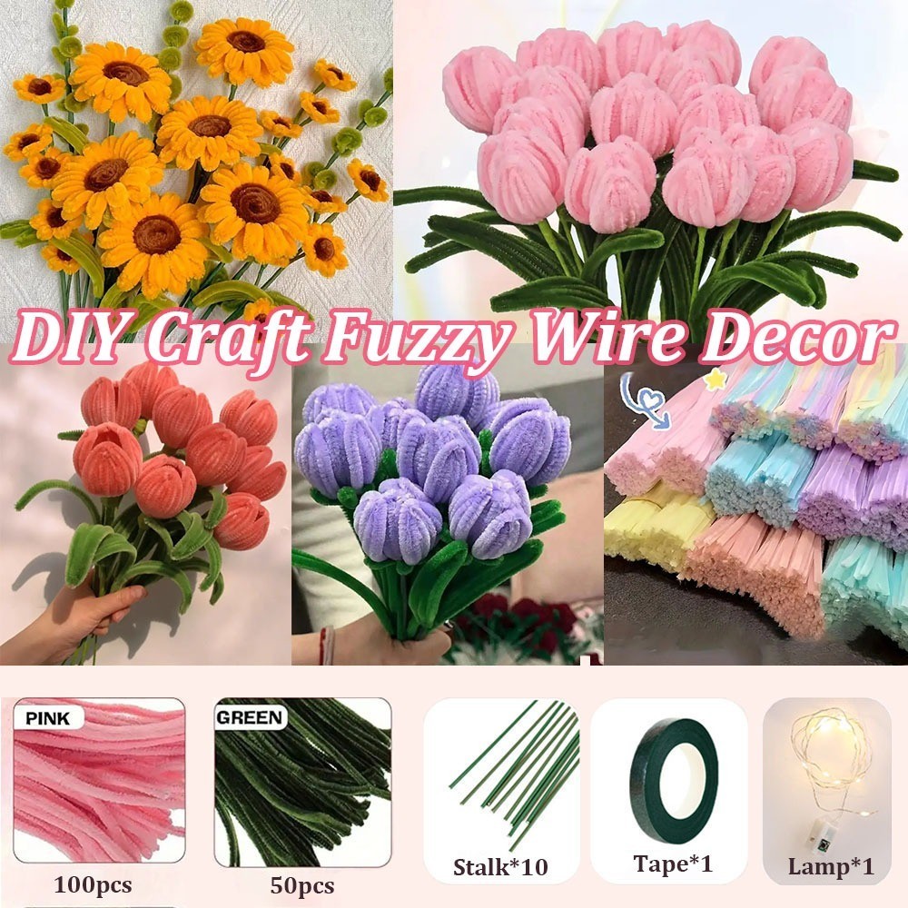 100Pcs Colorful Fuzzy Wire Pipe Cleaner Craft Flower Bouquet DIY ...