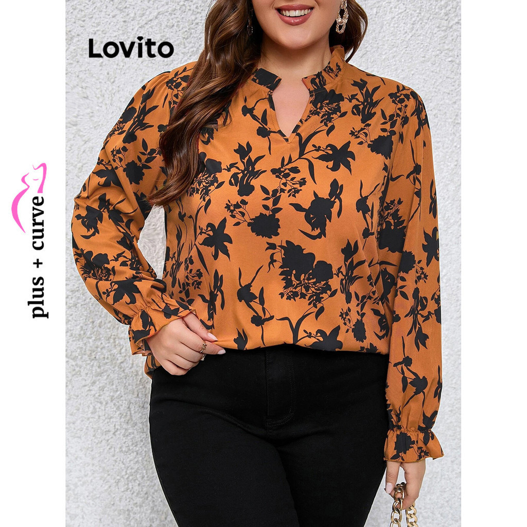 Lovito Women Plus Size Curve Casual Floral Frill Blouse Lbl13287 Shopee Philippines