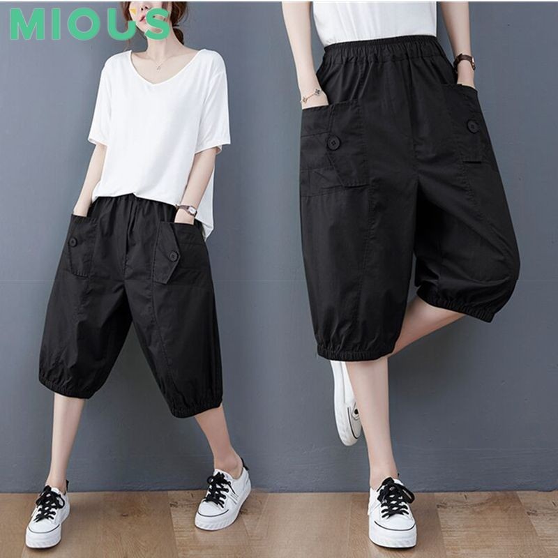 MIOUS Plus Size Women s Shorts Literary Elastic Waist Harem Pants Women s Casual Cropped Pants