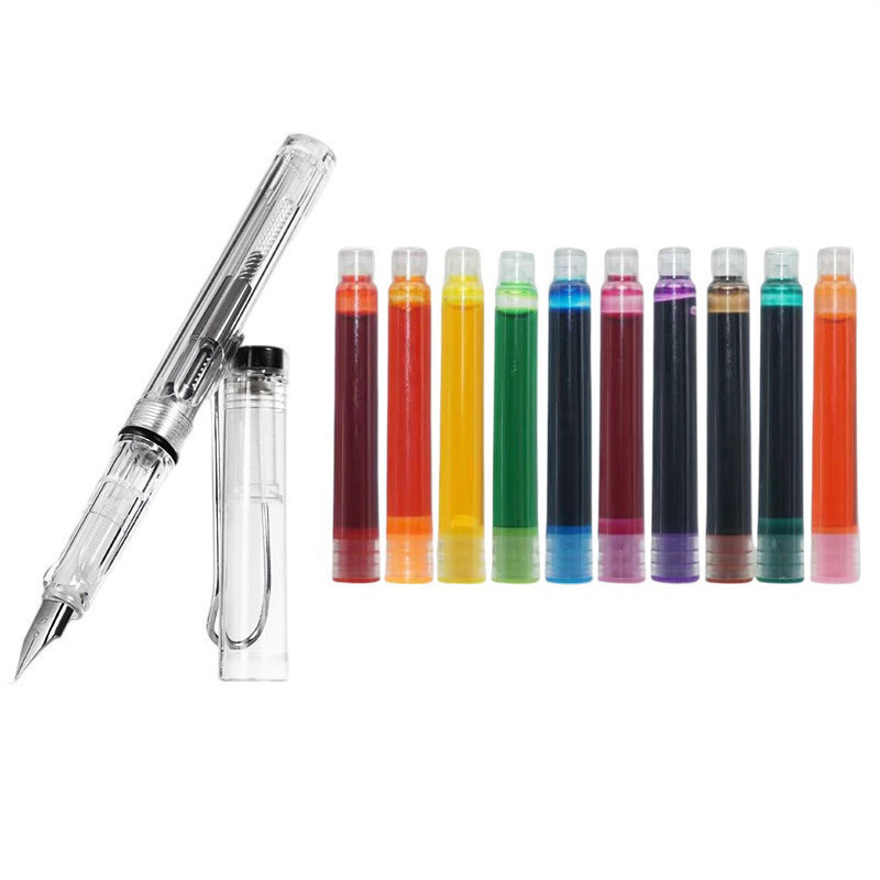 1 Fountain Pen +10 Refill Set 10 Color 0.5mm EF Nib Transparent ...