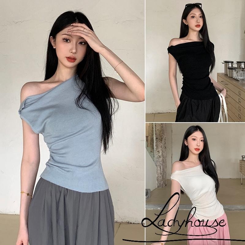 LDD-Women’s Off One Shoulder Tops Sleeveless Solid Color Slim Fit Tank ...