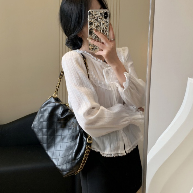 Long Sleeve Shirt Women'S French White Loose Blouse
