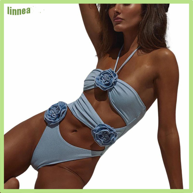 Women's Cut Out Halter Neck Swimsuit With 3D Flower Design