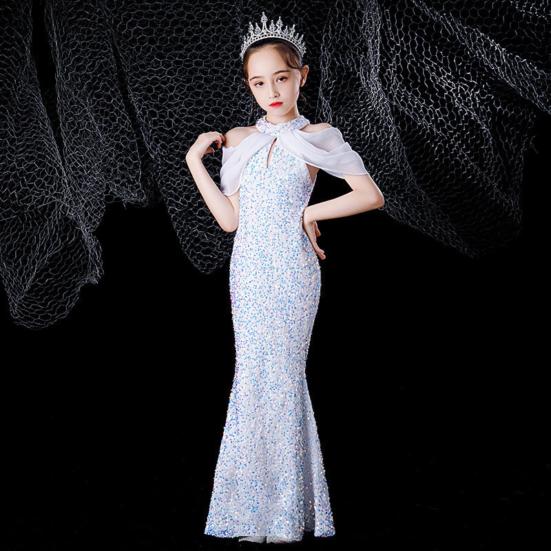 Girls Fishtail Catwalk Dress Children Sequined Princess Dress Little ...