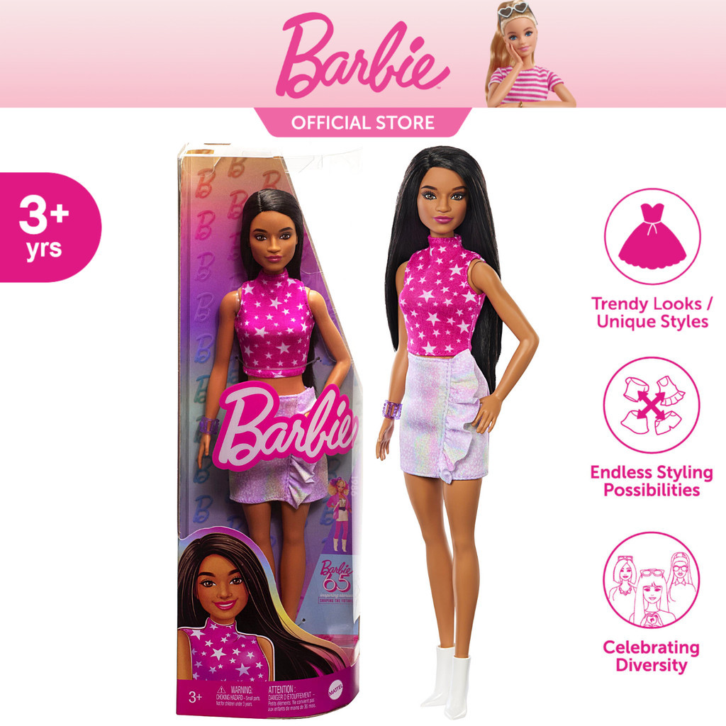 Barbie Fashionistas Doll #215 with Black Straight Hair, Pink Star-Print Top & Iridescent Skirt, 65th Anniversary Collectible Toy