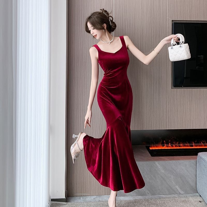 Hepburn Style Vintage Strap Velvet Gown Socialite Elegant Fishtail