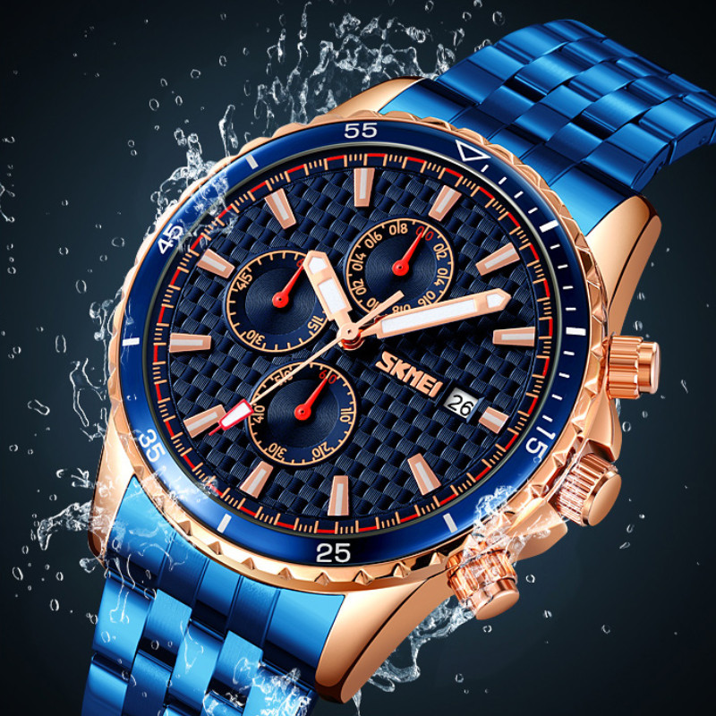 SKMEI Men s Quartz Watch Date Chronograph Life Waterproof Stainless Steel Strap Blue Strap Business Watch Chronograph Watch Shopee Philippines