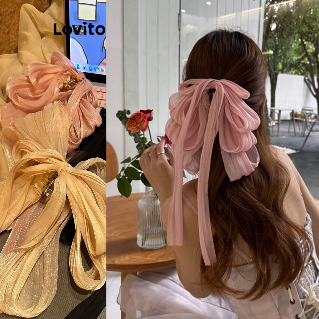 Lovito Women Elegant Plain Bow Back Ribbon Hair Clips LFA27087 | Shopee ...