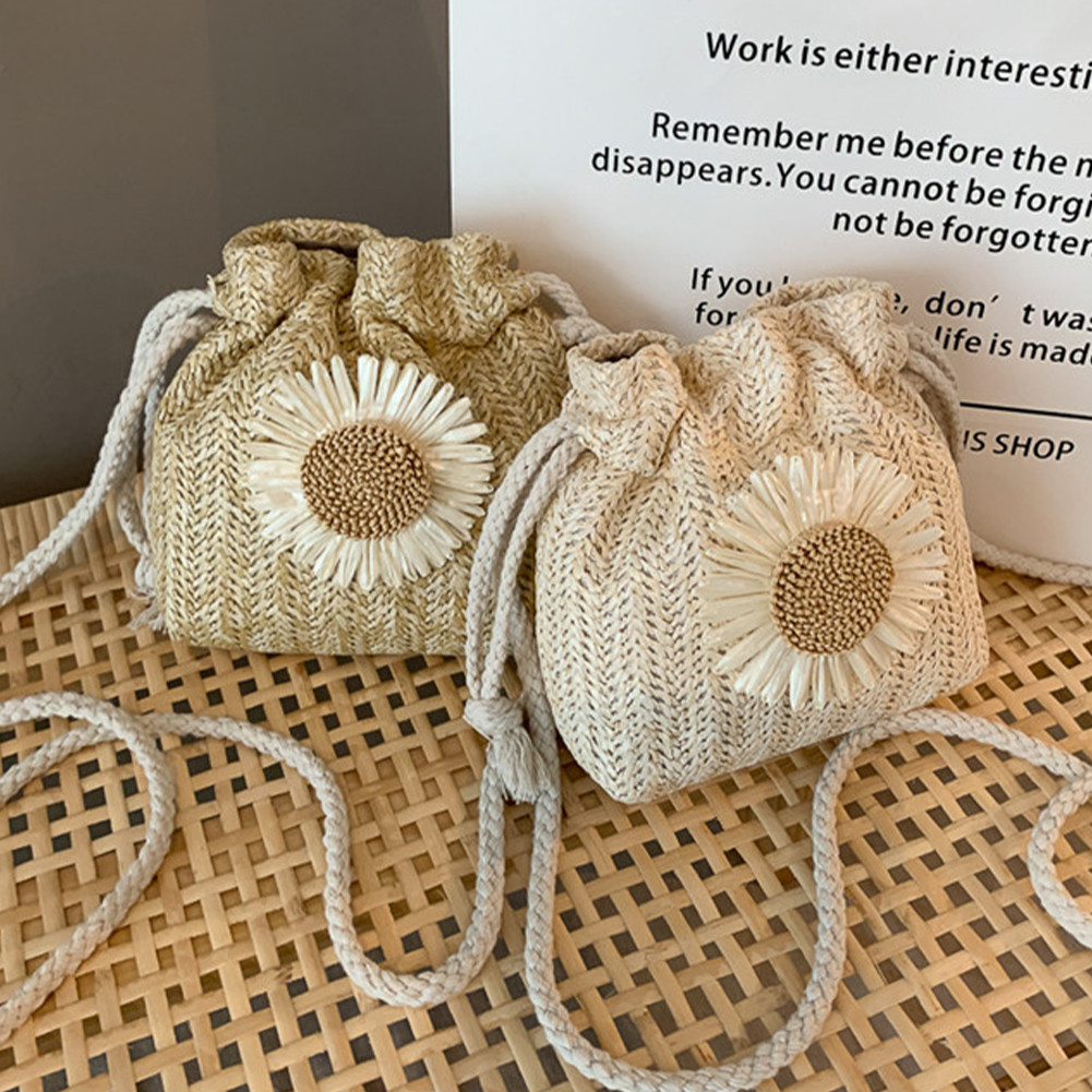 COD Women Summer Sunflower Rattan Drawstring Bag Woven Bucket Bags ...