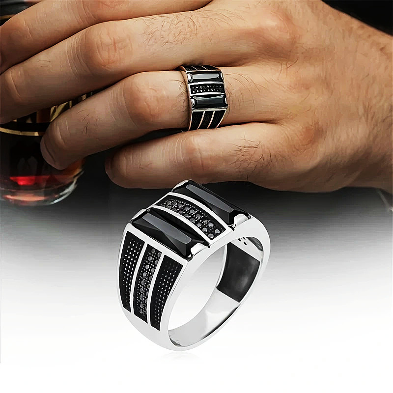 NEW Punk Men ring Vintage Silver Titanium Steel Black Stone Zircon ...
