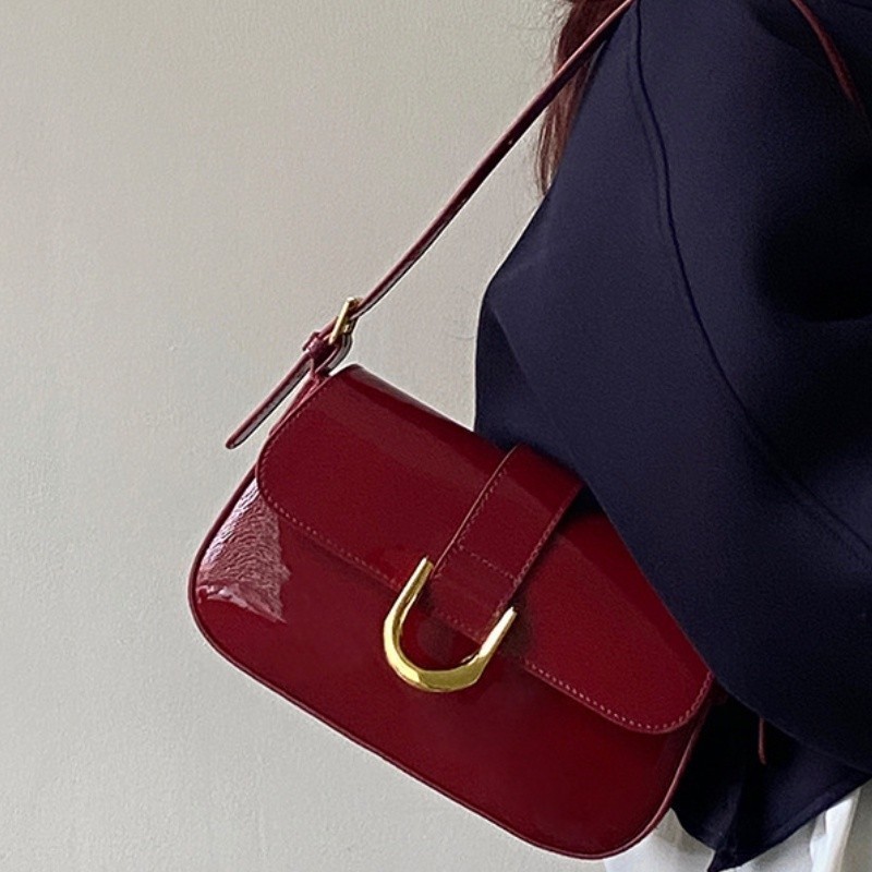 Retro Red Bag Shoulder Bags Fashion Lacquer Leather Square Bag for Woman  Retro Crossbody Bag