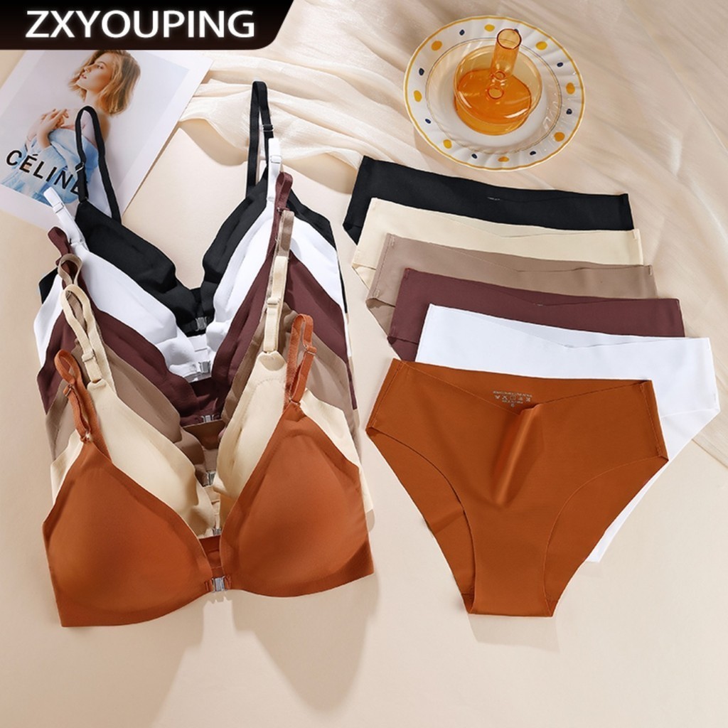 ZXYOUPING Women Bra and Panty Set Ice Silk Seamless Bra Wireless Front ...