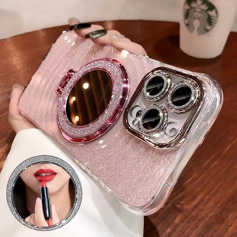 LLZ.COQUE For IPhone 15 Pro Max Glitter Case, Adjustable Hand Strap Stand Clear Cover For Girls Women, Transparent Four Corners Drop Protection Shockproof Phone Case For IPhone 15 Pro Max, Clear