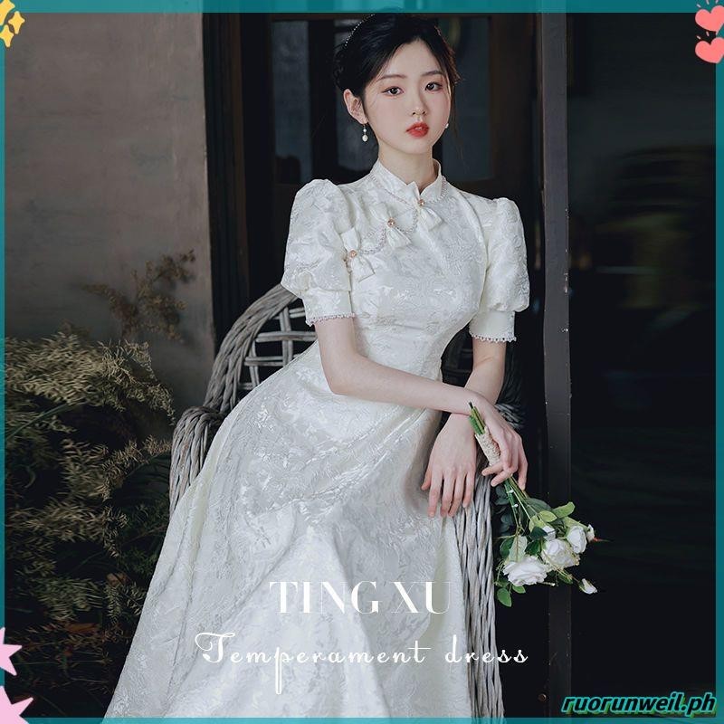 white dress formal modern filipiniana dress fairi dress summer lace women dress casual bodyconCheongsam young girl 2023 new Toast dress engagement dress retro small person can wear Shopee Philippines