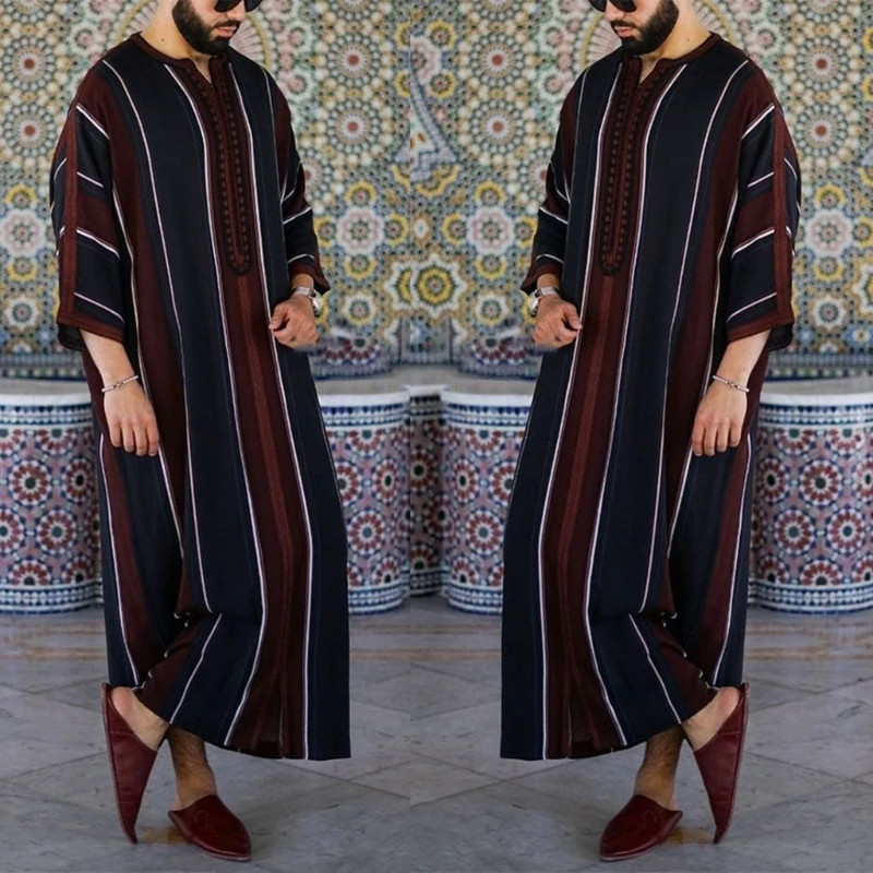 Men Muslim Long Robe Islamic Stripe Printing Caftan Thobe Jalabiya ...