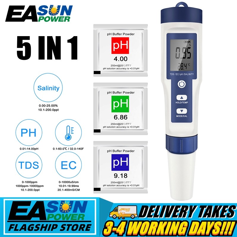 WEBEST 5-in-1 Digital Water Tester - Measures Salt, PH, TDS, EC & Temperature For Pools & Aquariums