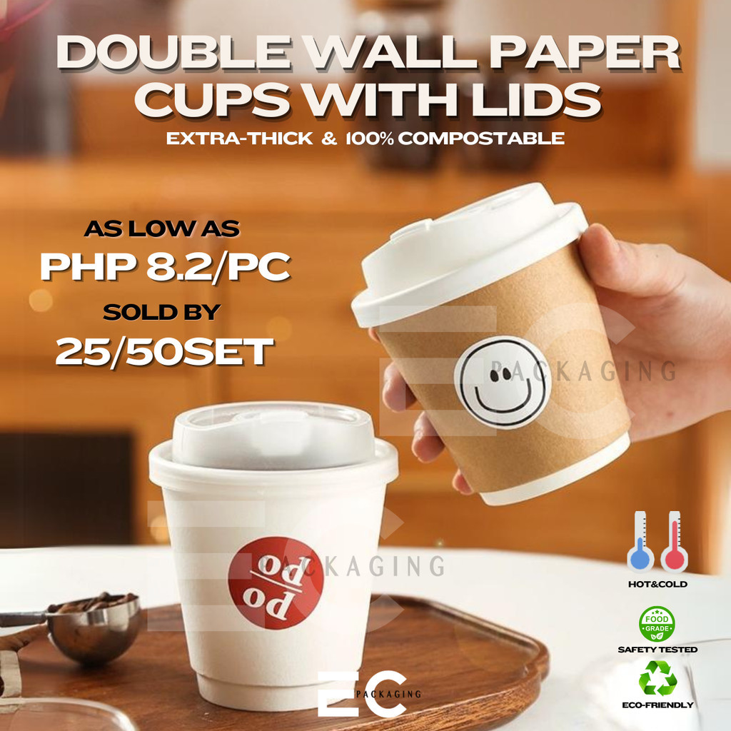 EC 25PCS/50PCS Extra Thick Brown Double Wall Coffee Paper CUPS WITH ...